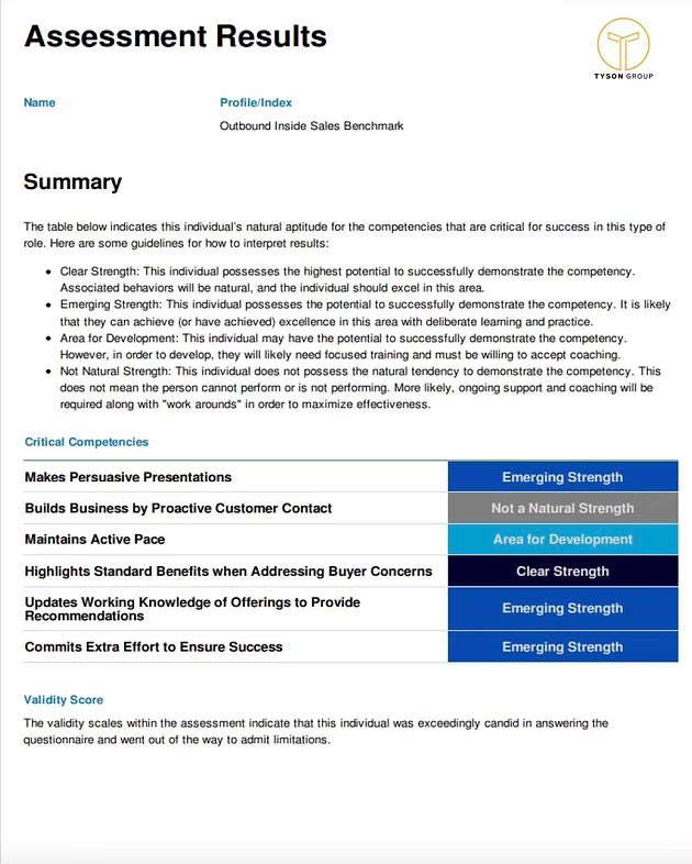 SALES ASSESSMENT SAMPLE REPORTS